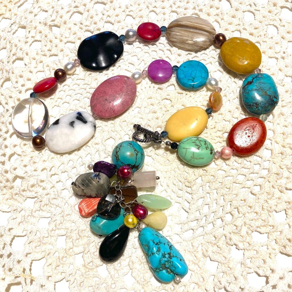 Multi Semi-Precious Stones Necklace with Drop